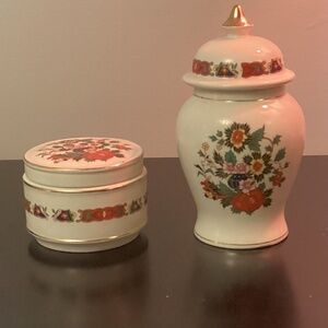 Sadler Ginger Jar & Matching Covered Trinket Dish Oriental Floral 24K Gold Trim